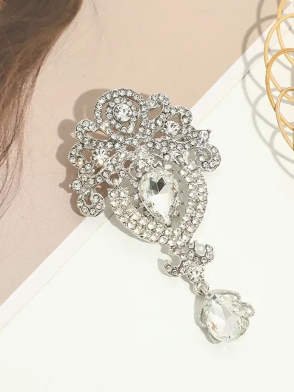 Crystal Teardrop Dangle Brooch Pin - Silver Clear